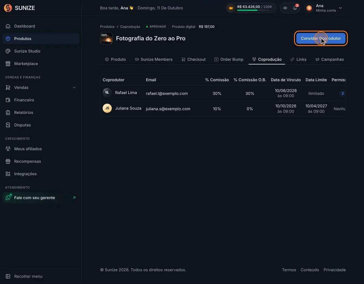 Animação do convite de um coprodutor