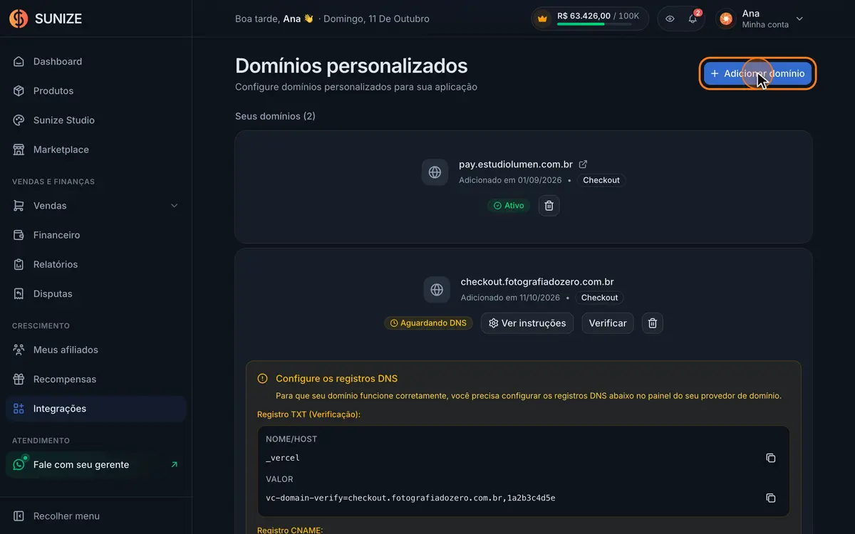 Animação adicionando um domínio personalizado