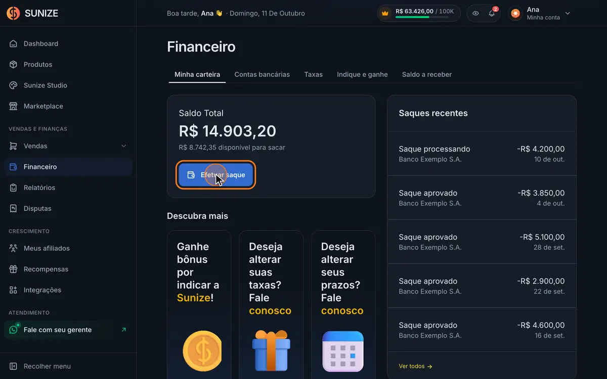 Animação: Financeiro, Efetuar saque, escolha da conta e do valor