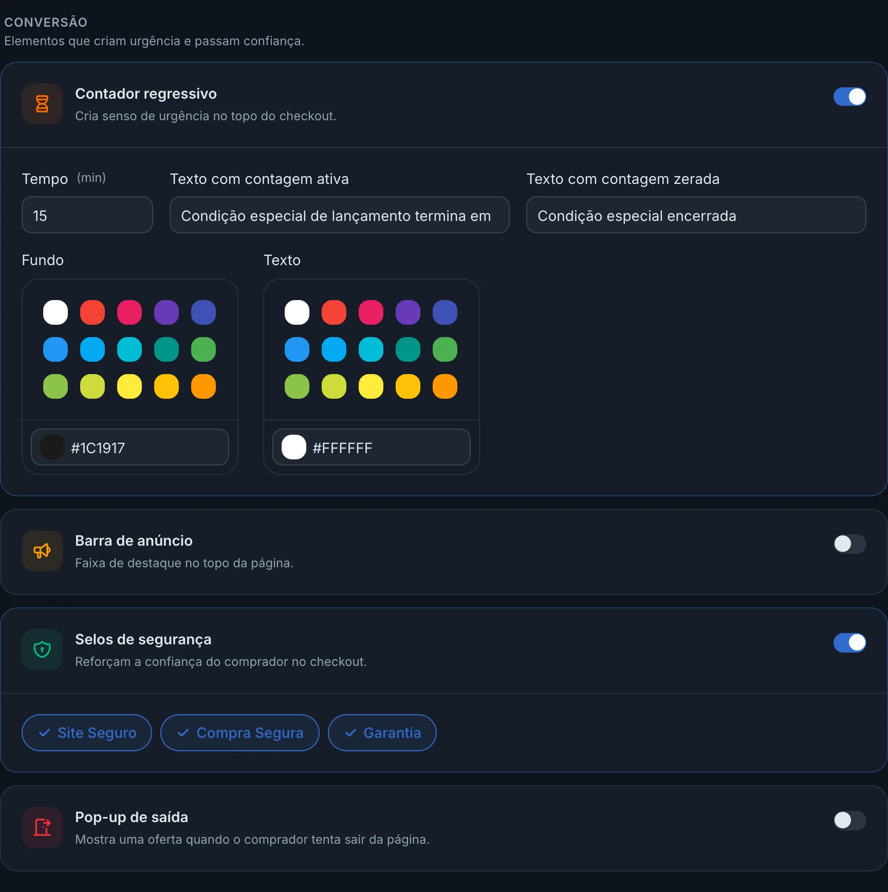 Seção Conversão com contador, barra de anúncio, selos e pop-up