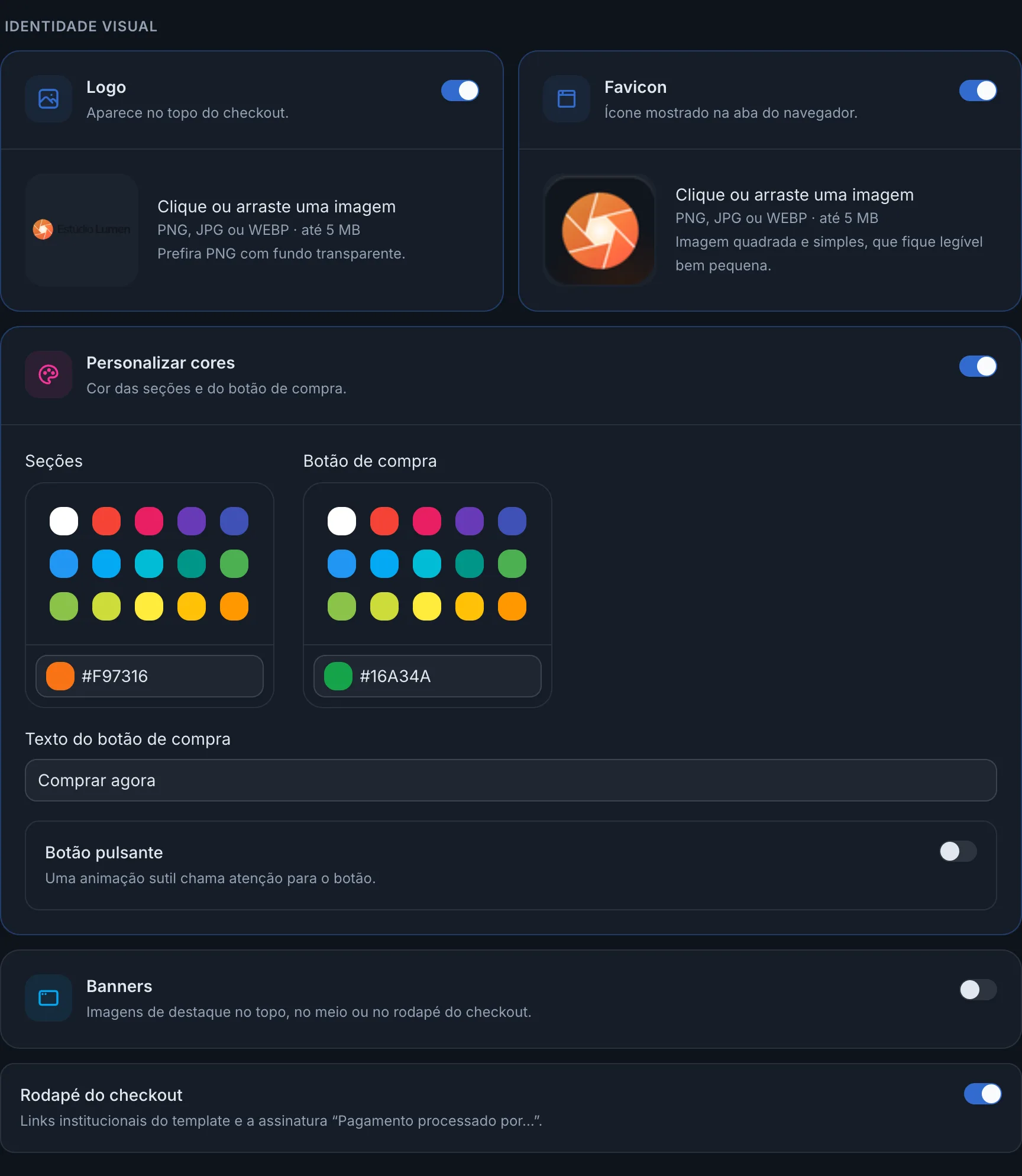 Opções de identidade visual do checkout