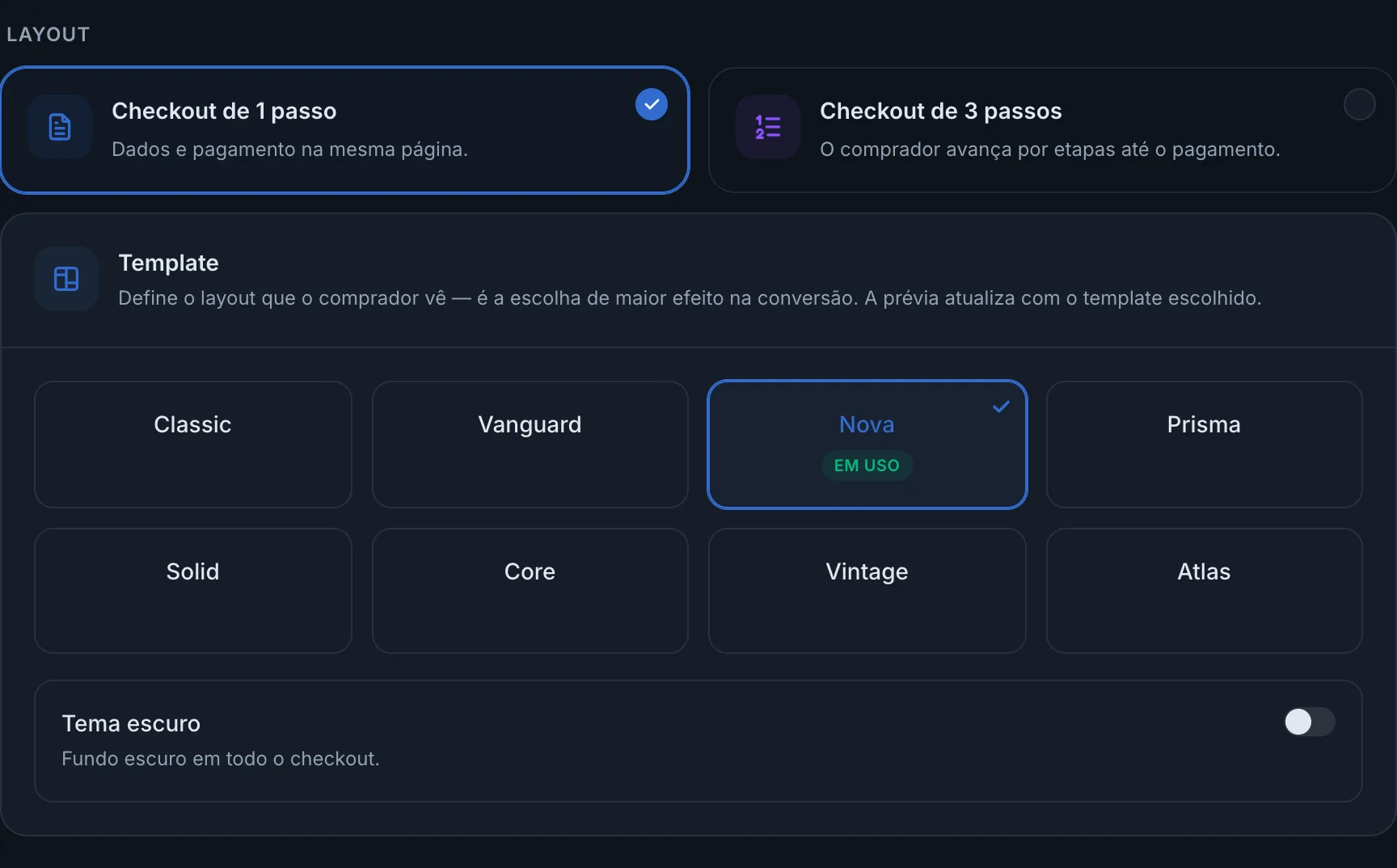 Escolha de layout e template do checkout