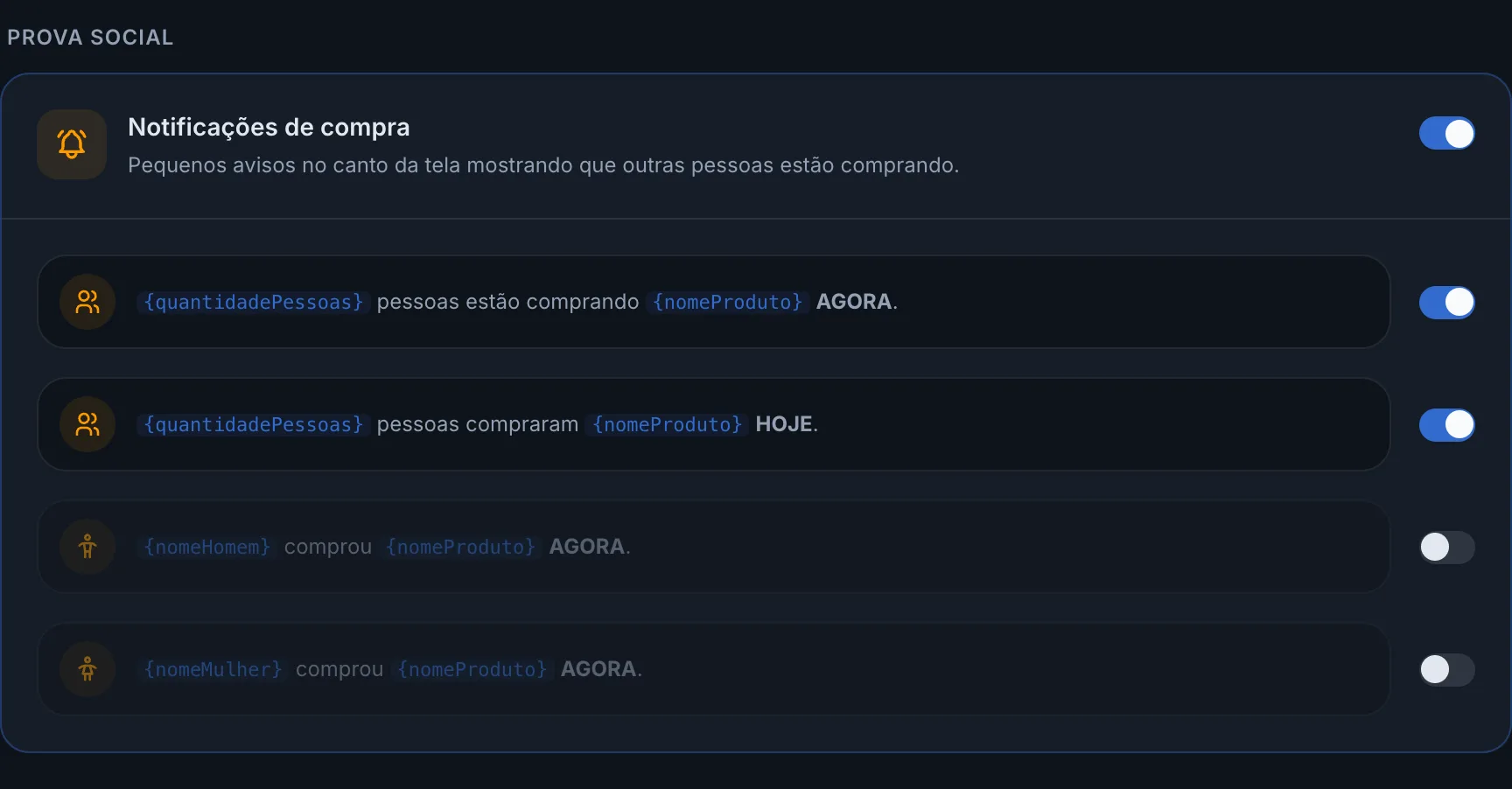 Notificações de compra na seção Prova social