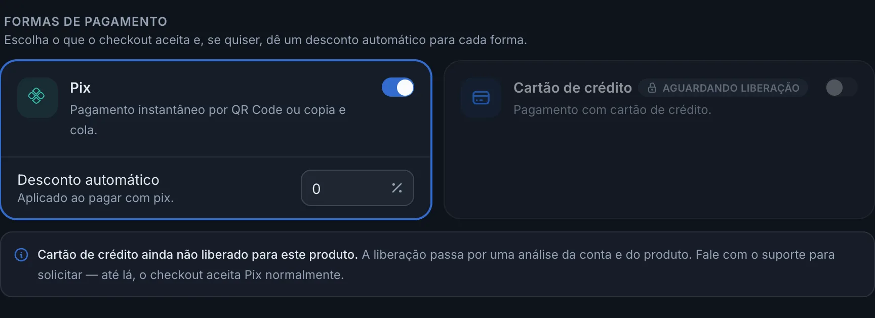 Formas de pagamento com o cartão aguardando liberação