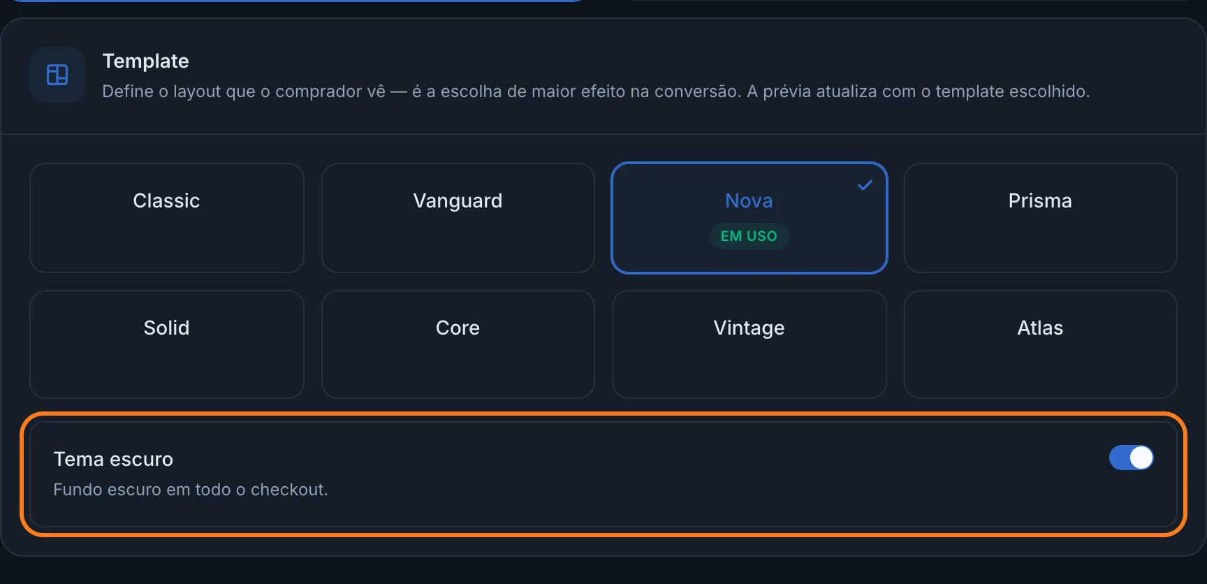 Opção Tema escuro ativada