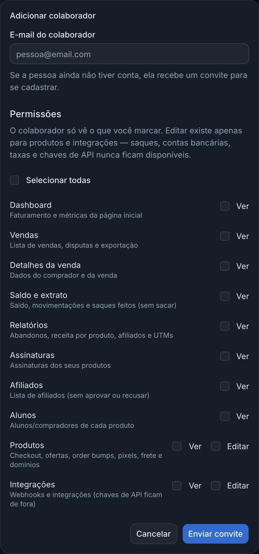 Janela Adicionar colaborador com e-mail e lista de permissões