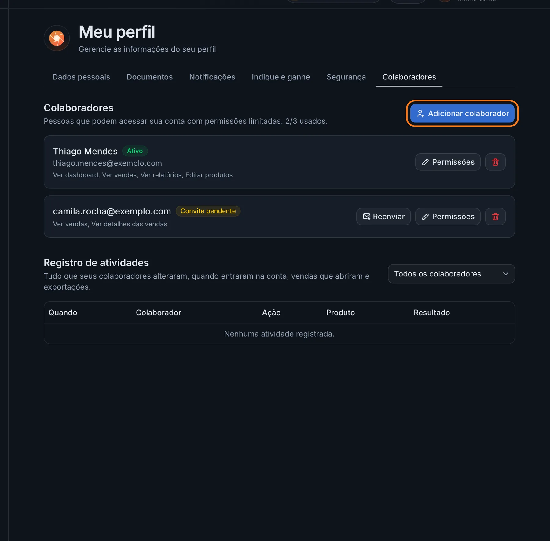 Aba Colaboradores com a lista de colaboradores e o Registro de atividades