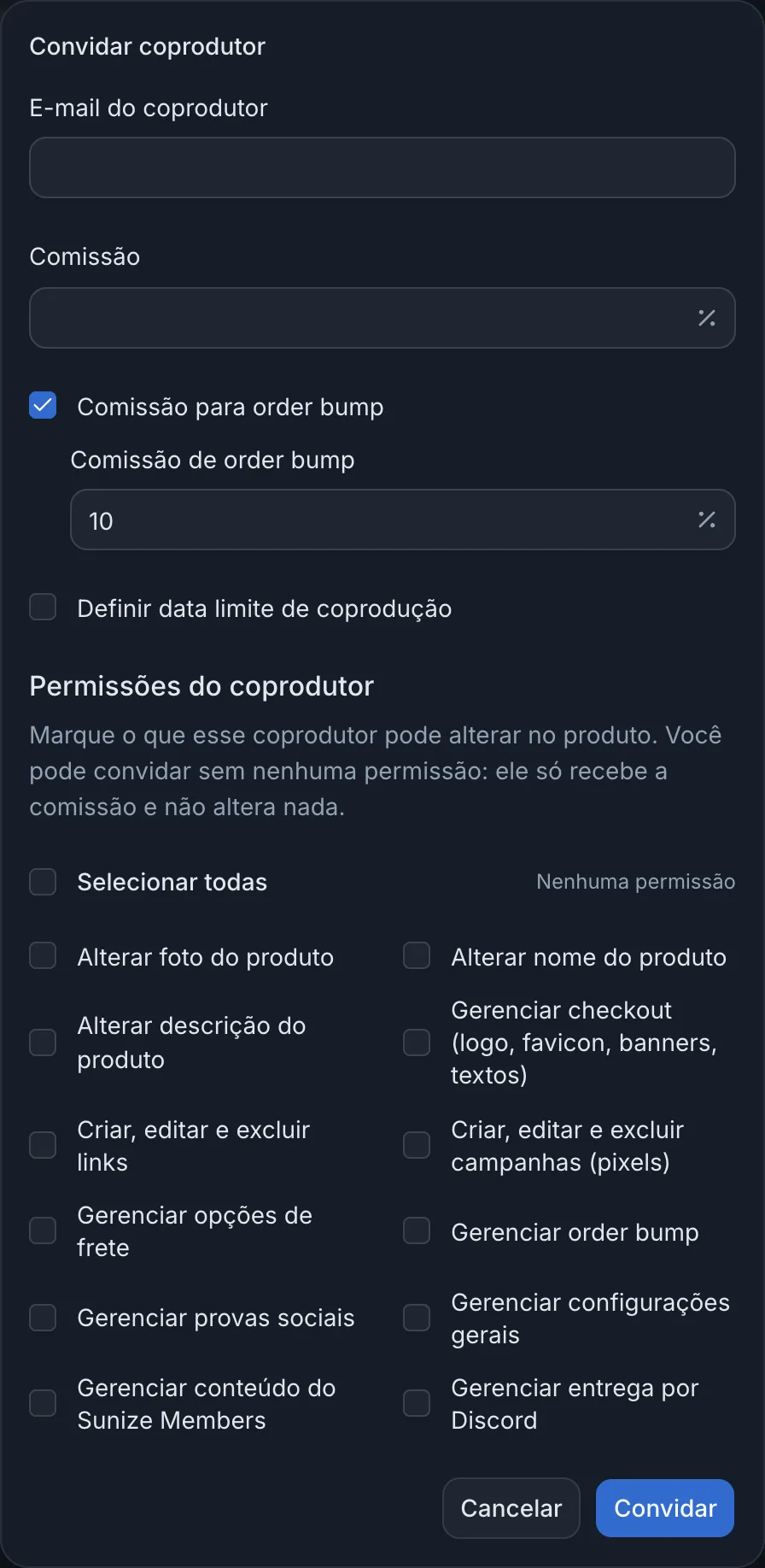 Janela Convidar coprodutor com e-mail, comissão e permissões