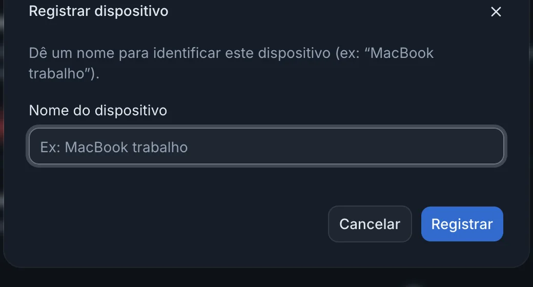 Janela Registrar dispositivo com o campo Nome do dispositivo