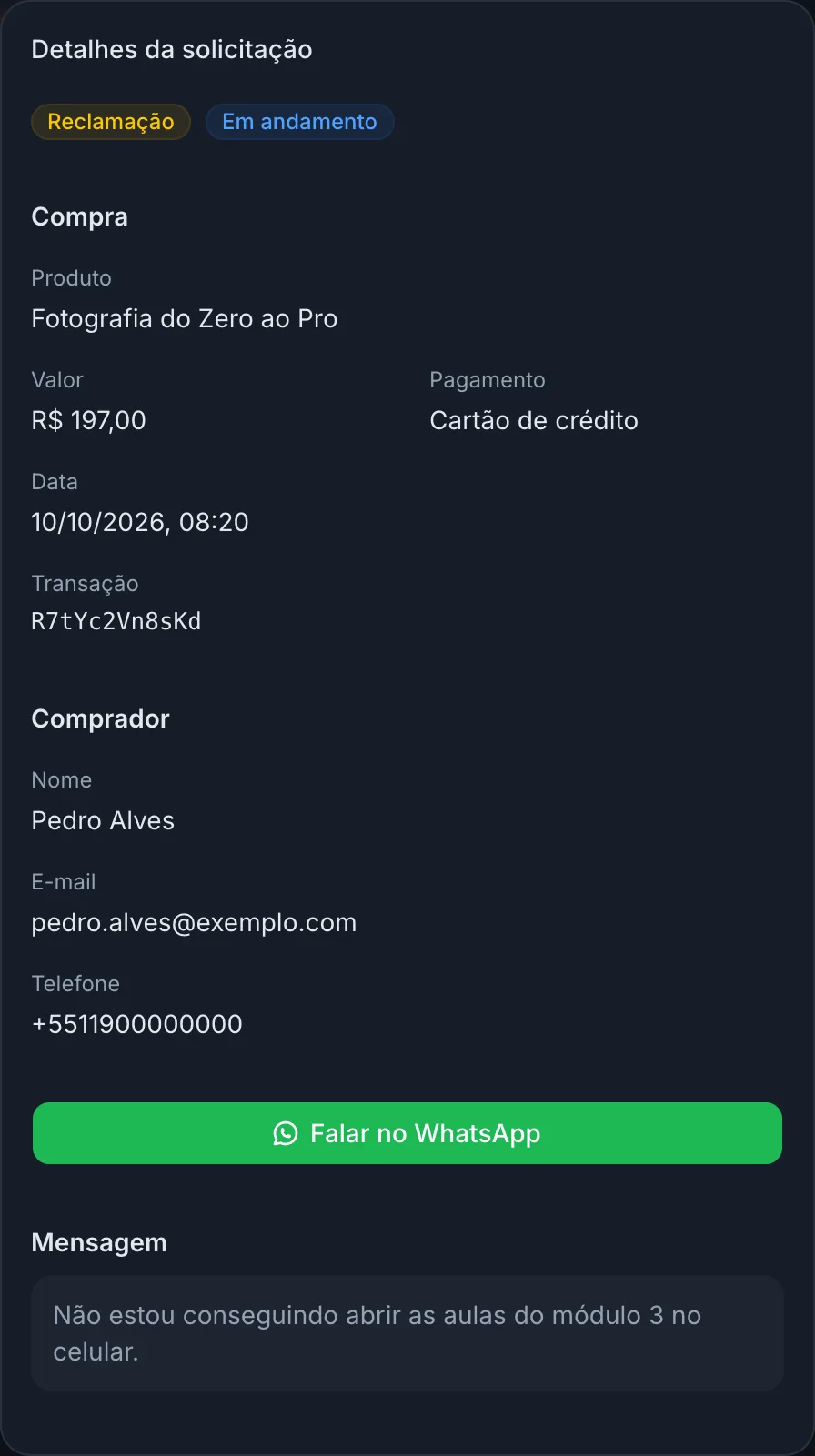 Detalhes de uma reclamação com o botão Falar no WhatsApp