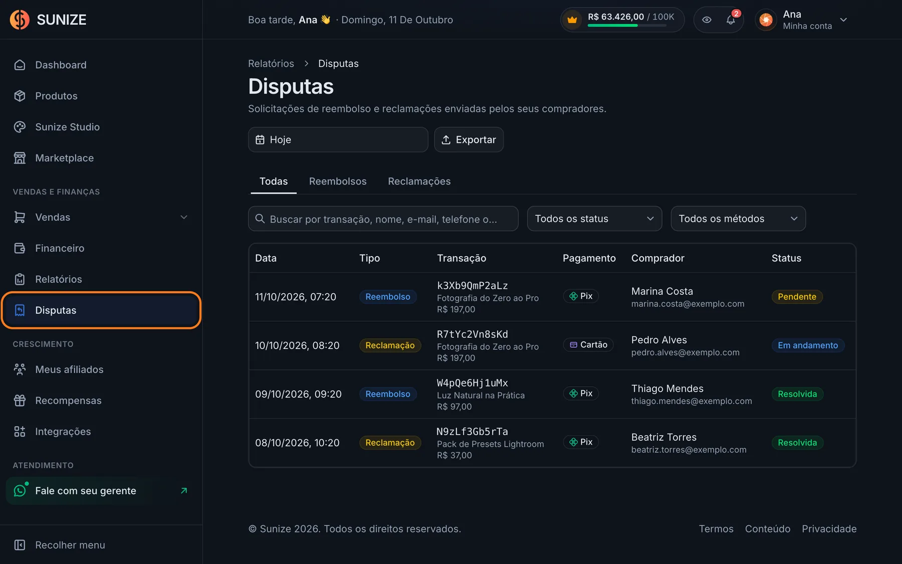 Página Disputas com a lista de solicitações