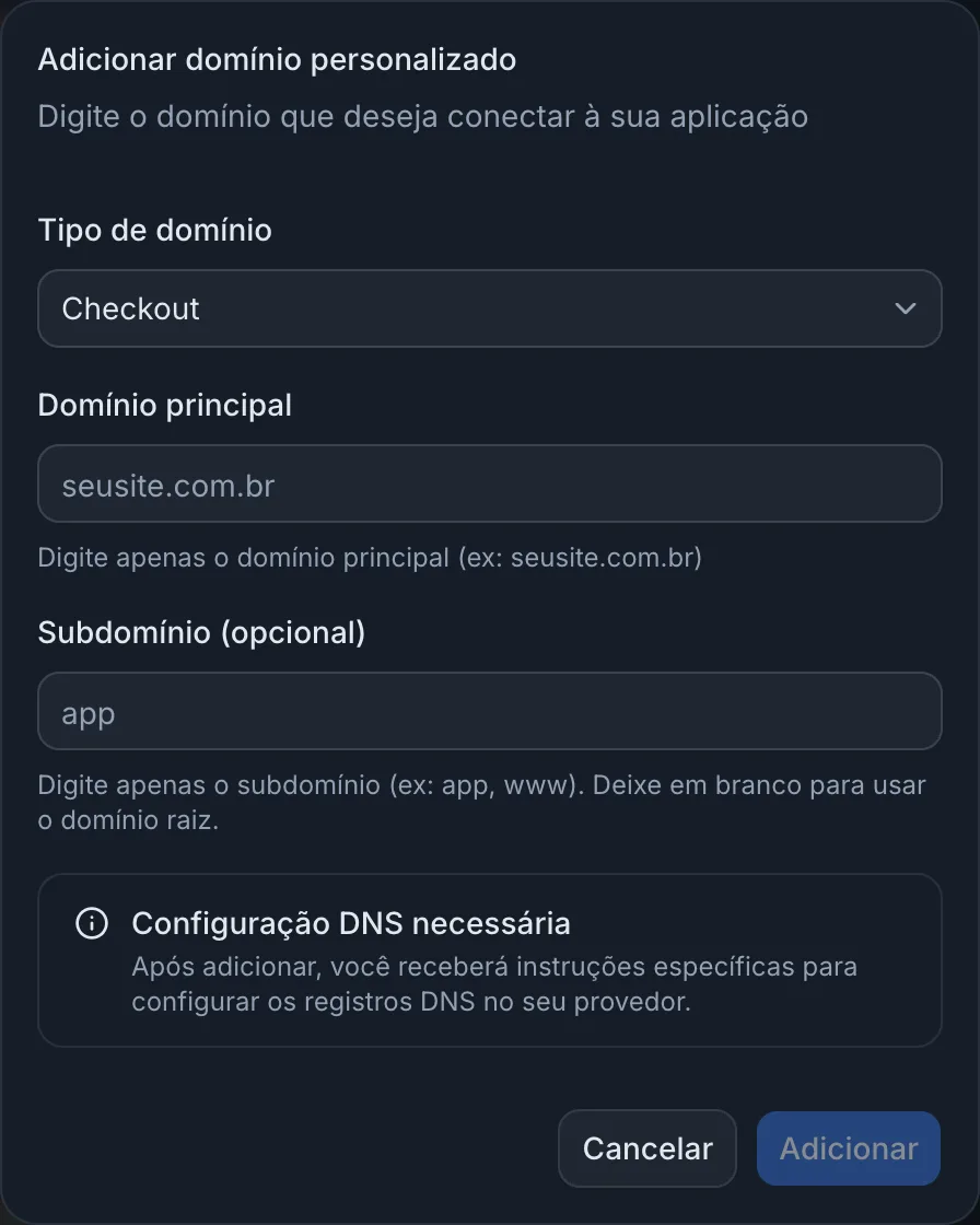 Janela Adicionar domínio personalizado