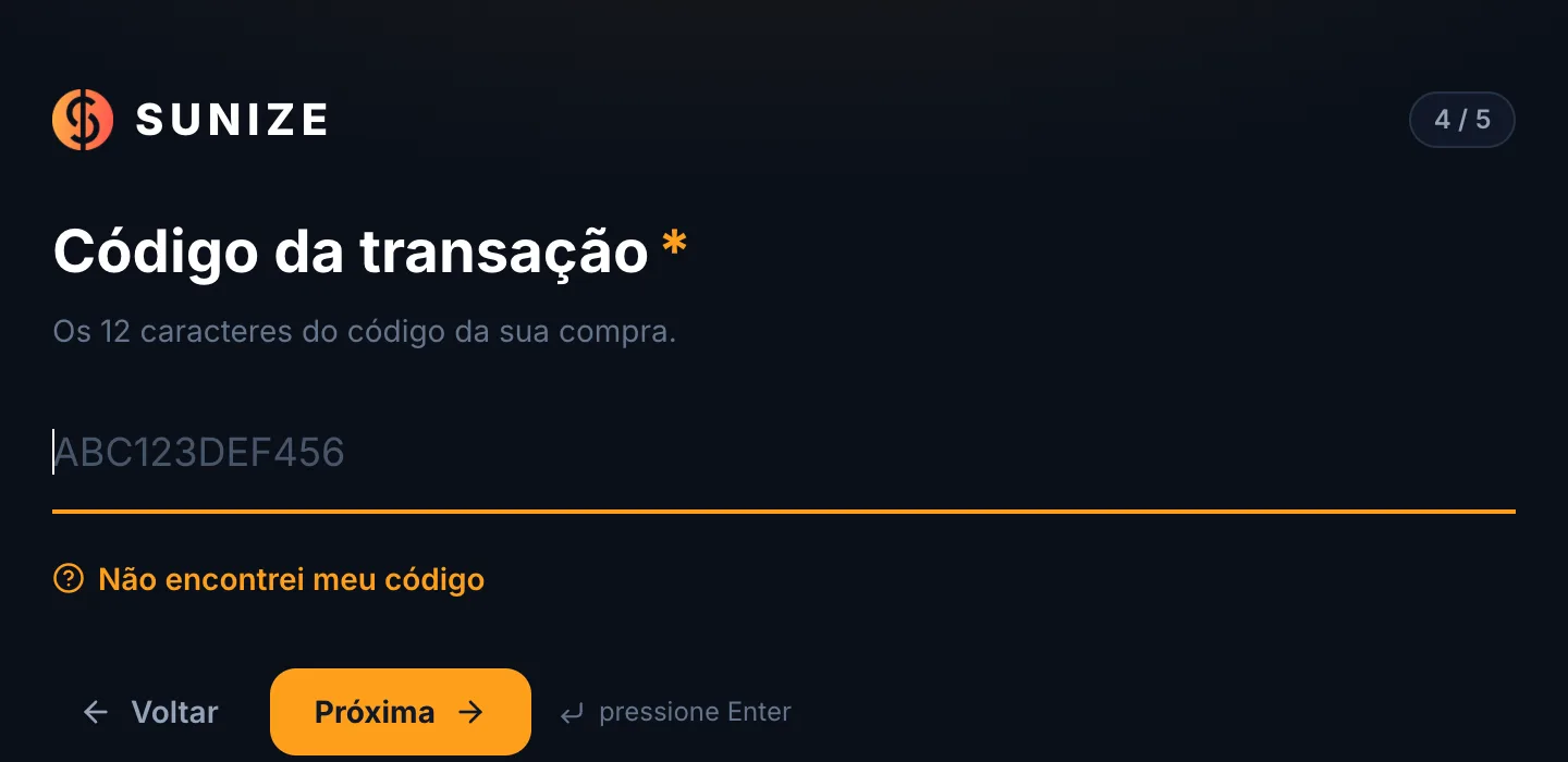 Campo Código da transação com o link Não encontrei meu código