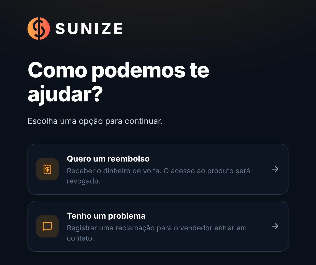 Tela inicial do formulário com Quero um reembolso e Tenho um problema