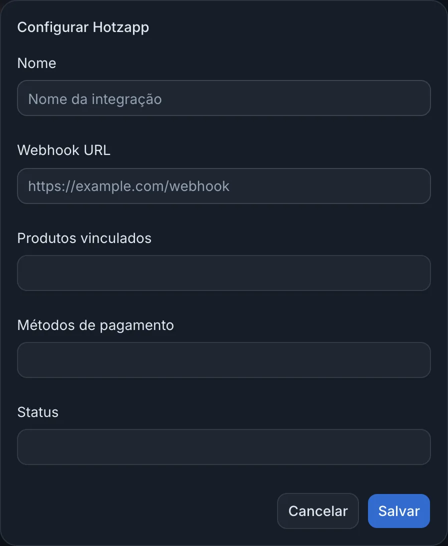 Janela Configurar Hotzapp com nome, webhook URL, produtos, métodos de pagamento e status