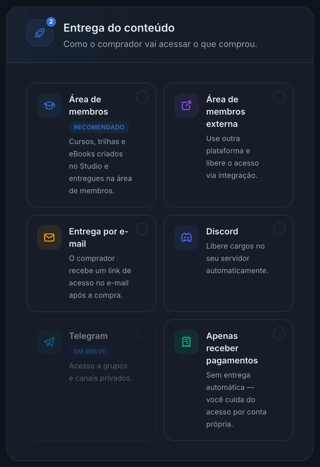 Opções de entrega do conteúdo no cadastro do produto
