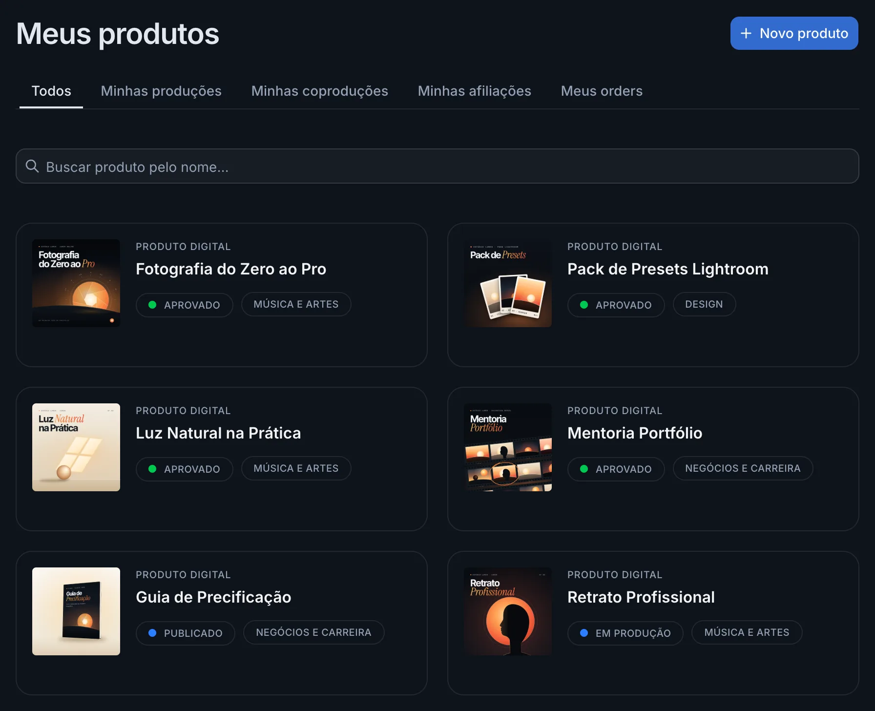 Lista de produtos com um produto no status Publicado
