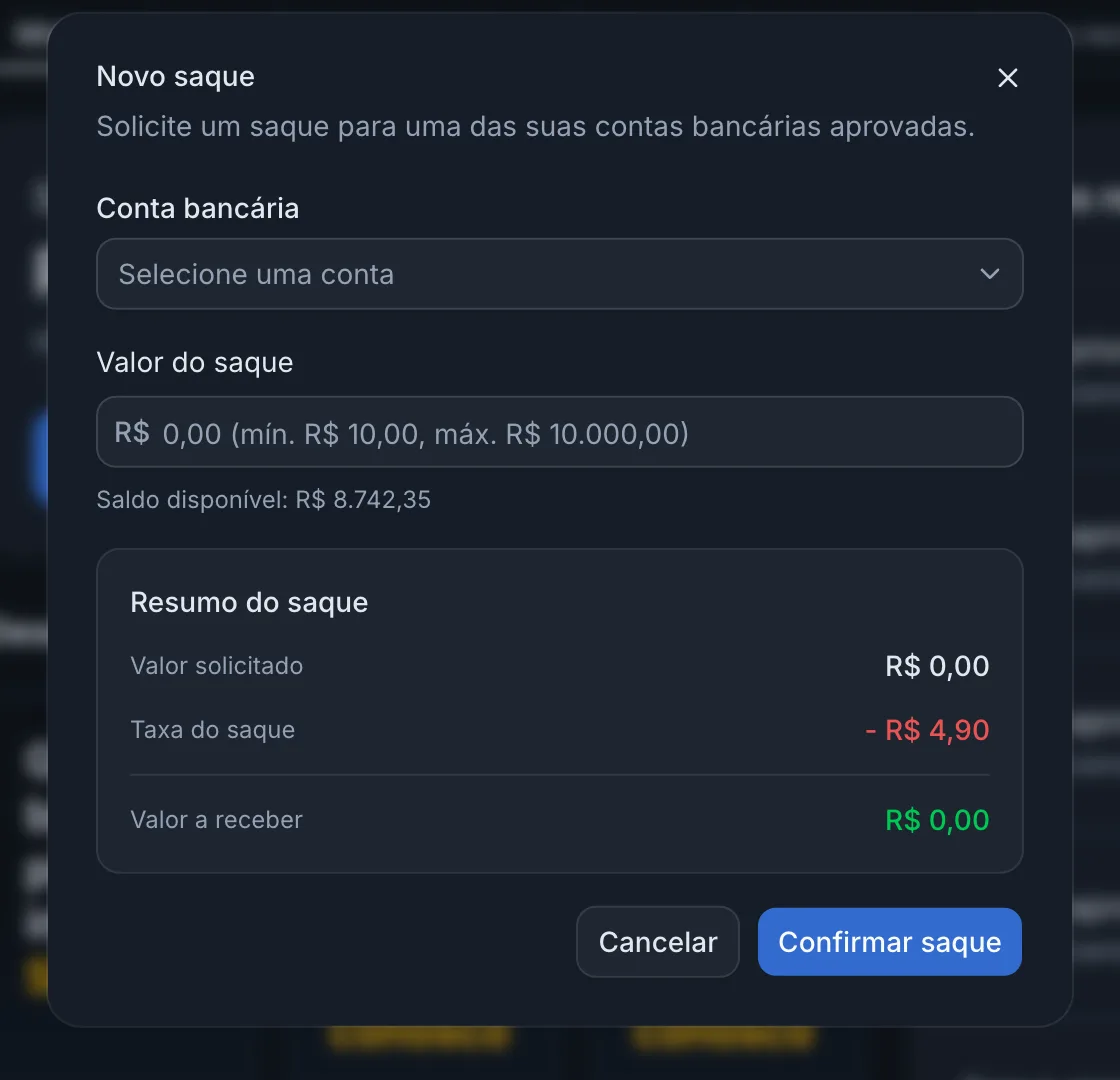 Janela Novo saque com conta, valor e resumo com a taxa