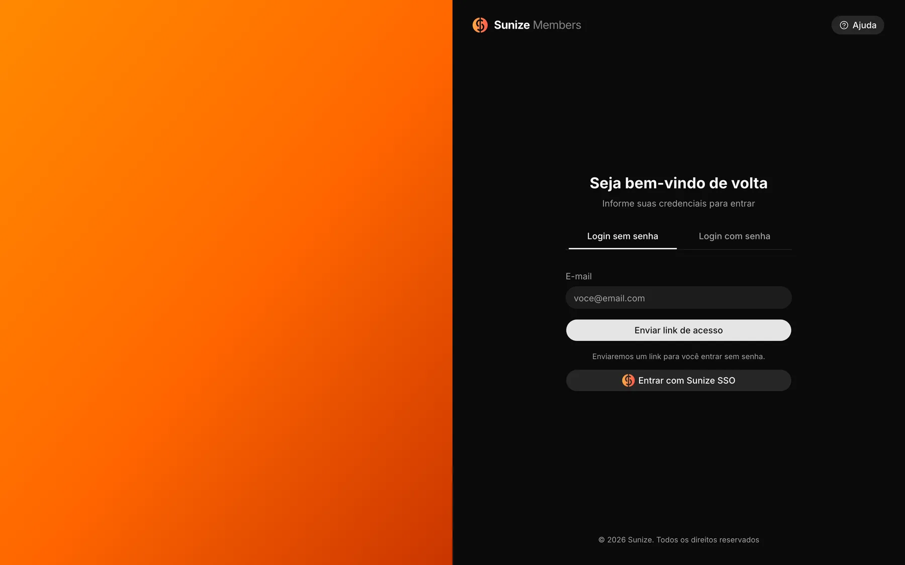 Tela de login do Sunize Members com a aba Login sem senha e o botão Enviar link de acesso