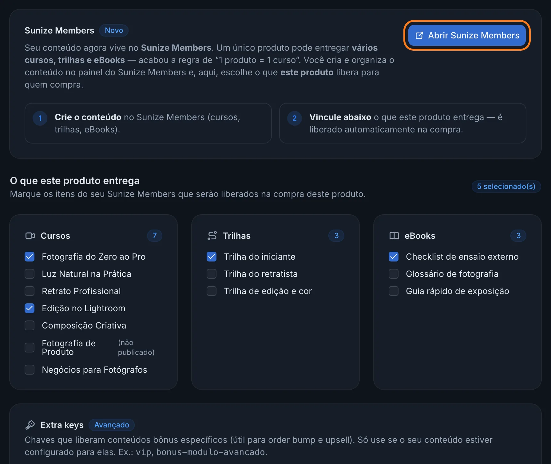 Aba Sunize Members do produto com os conteúdos que ele entrega