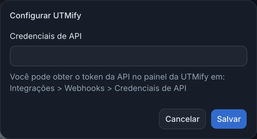 Janela Configurar UTMify com o campo Credenciais de API